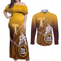 Personalized Tafuna High School Couples Matching Off Shoulder Maxi Dress and Long Sleeve Button Shirt Polynesian Warrior LT05 Maroon - Polynesian Pride