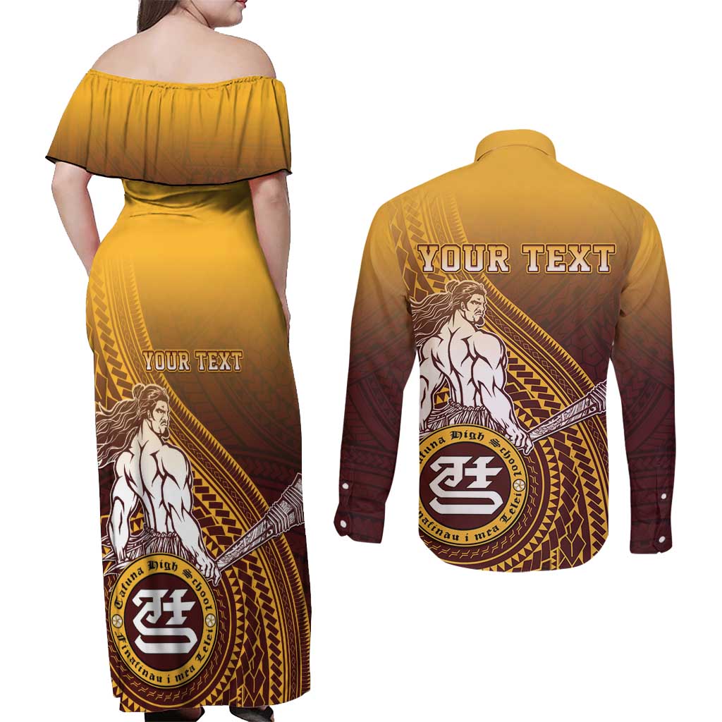 Personalized Tafuna High School Couples Matching Off Shoulder Maxi Dress and Long Sleeve Button Shirt Polynesian Warrior LT05 - Polynesian Pride