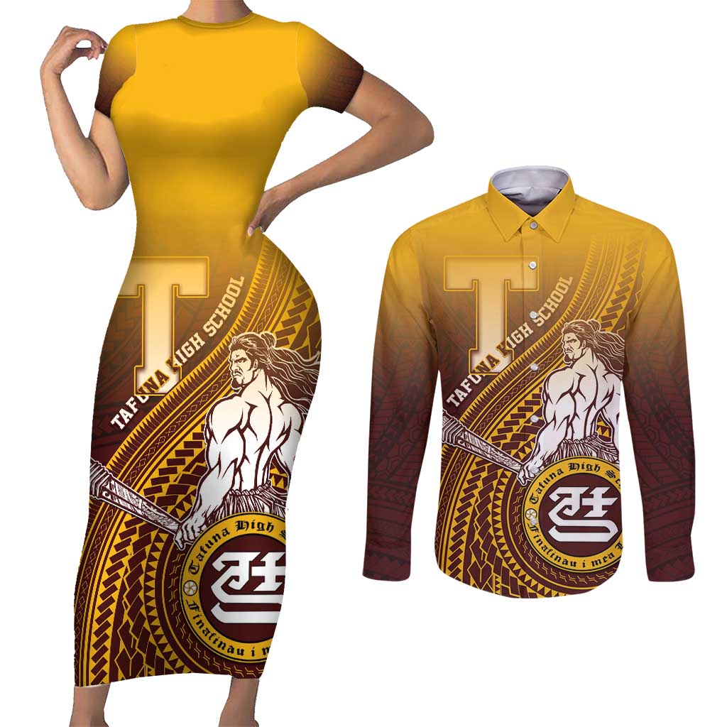 Personalized Tafuna High School Couples Matching Short Sleeve Bodycon Dress and Long Sleeve Button Shirt Polynesian Warrior LT05 Maroon - Polynesian Pride
