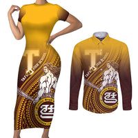 Personalized Tafuna High School Couples Matching Short Sleeve Bodycon Dress and Long Sleeve Button Shirt Polynesian Warrior LT05 Maroon - Polynesian Pride