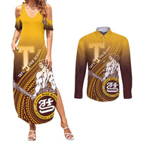Personalized Tafuna High School Couples Matching Summer Maxi Dress and Long Sleeve Button Shirt Polynesian Warrior LT05 Maroon - Polynesian Pride