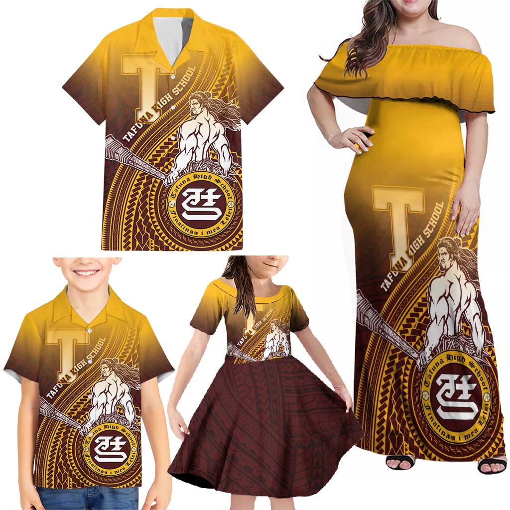 Personalized Tafuna High School Family Matching Off Shoulder Maxi Dress and Hawaiian Shirt Polynesian Warrior