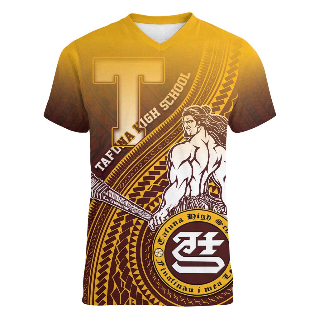 Personalized Tafuna High School Women V-Neck T-Shirt Polynesian Warrior LT05 Female Maroon - Polynesian Pride