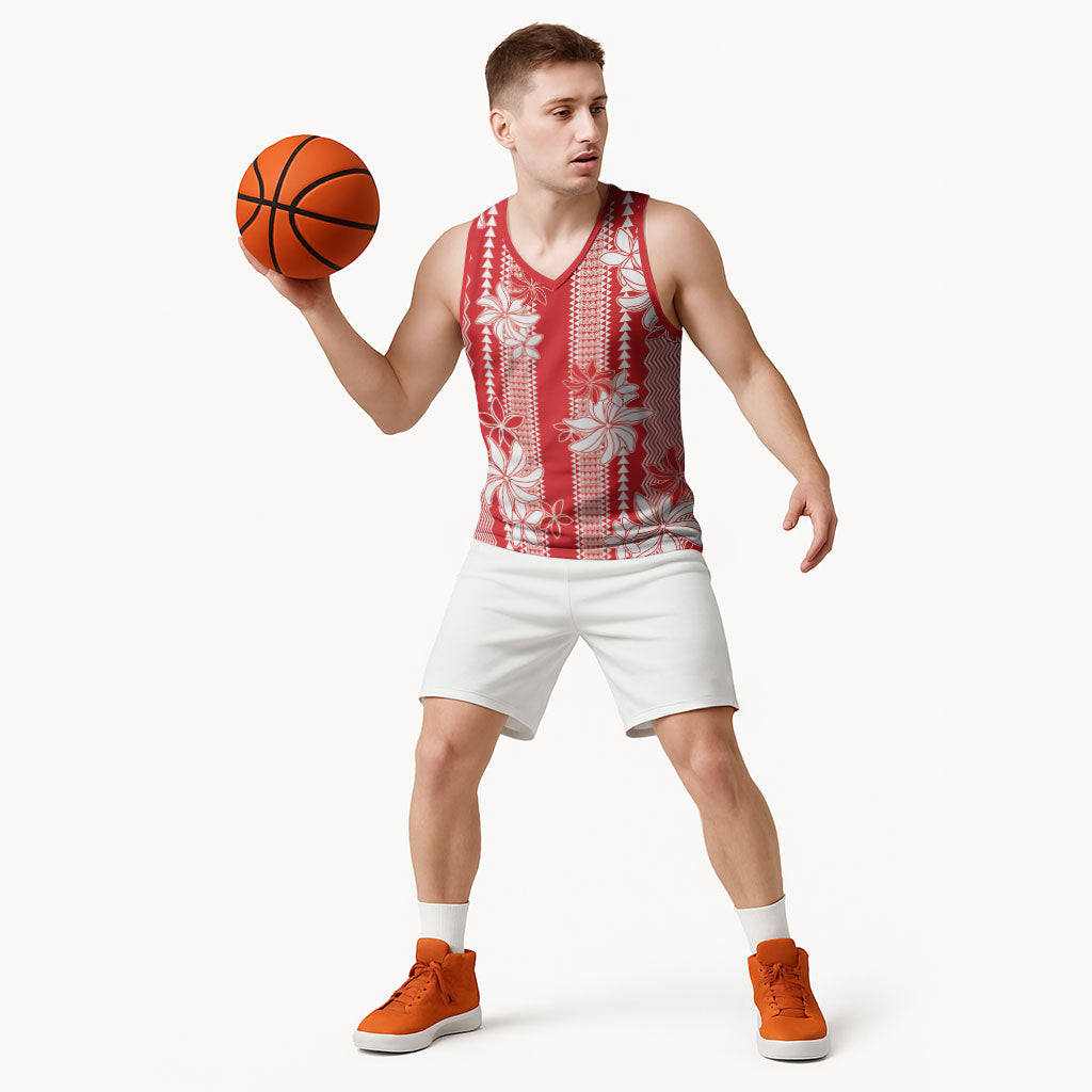 Hawaii Kakau Tribal Basketball Jersey With Red Tiare