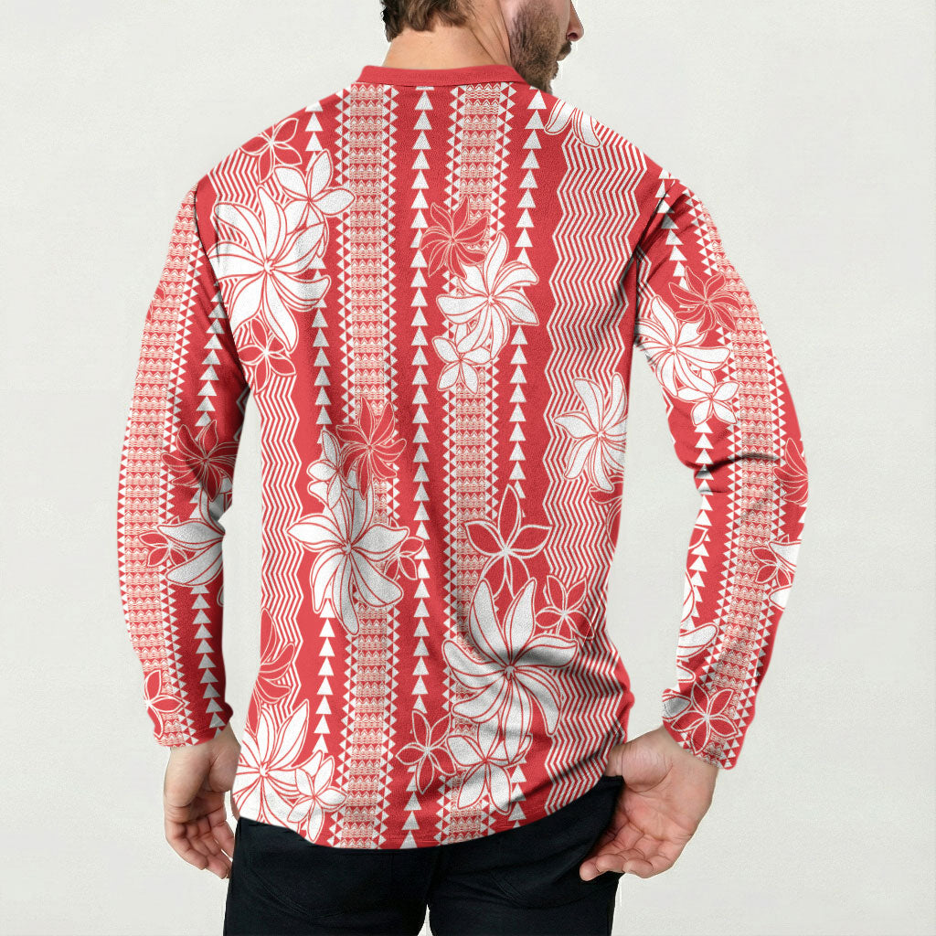 Hawaii Kakau Tribal Button Sweatshirt With Red Tiare