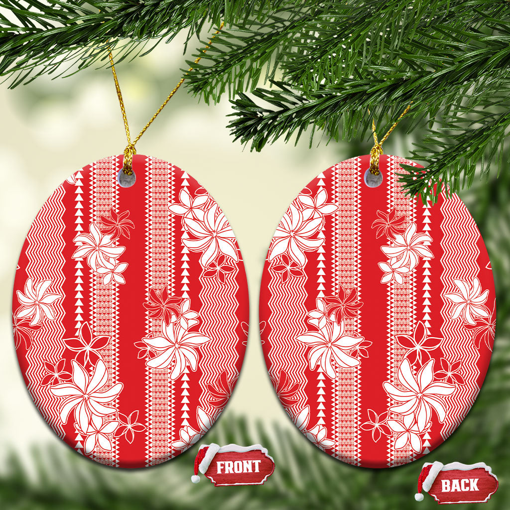 Hawaii Kakau Tribal Ceramic Ornament With Red Tiare