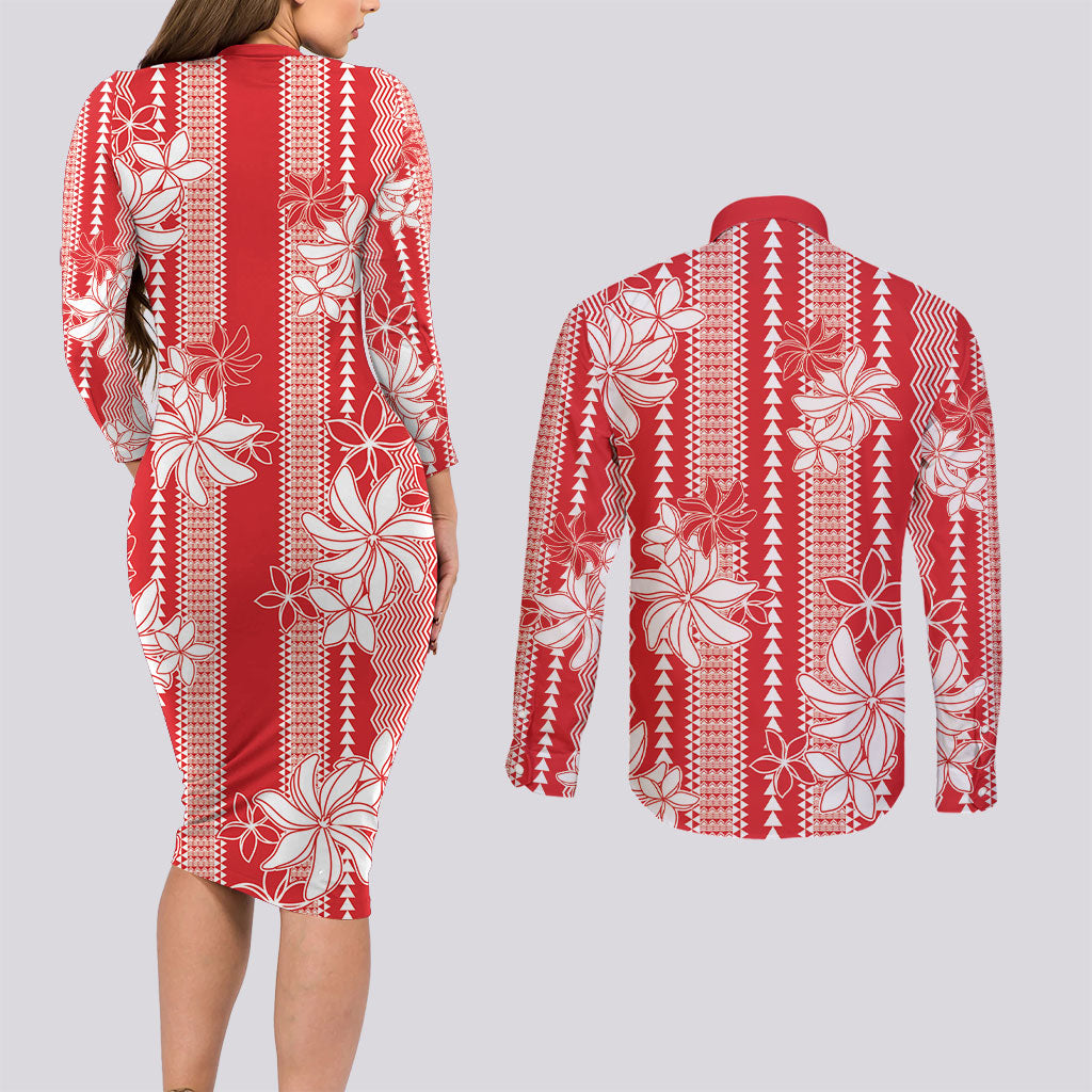 Hawaii Kakau Tribal Couples Matching Long Sleeve Bodycon Dress and Long Sleeve Button Shirt With Red Tiare
