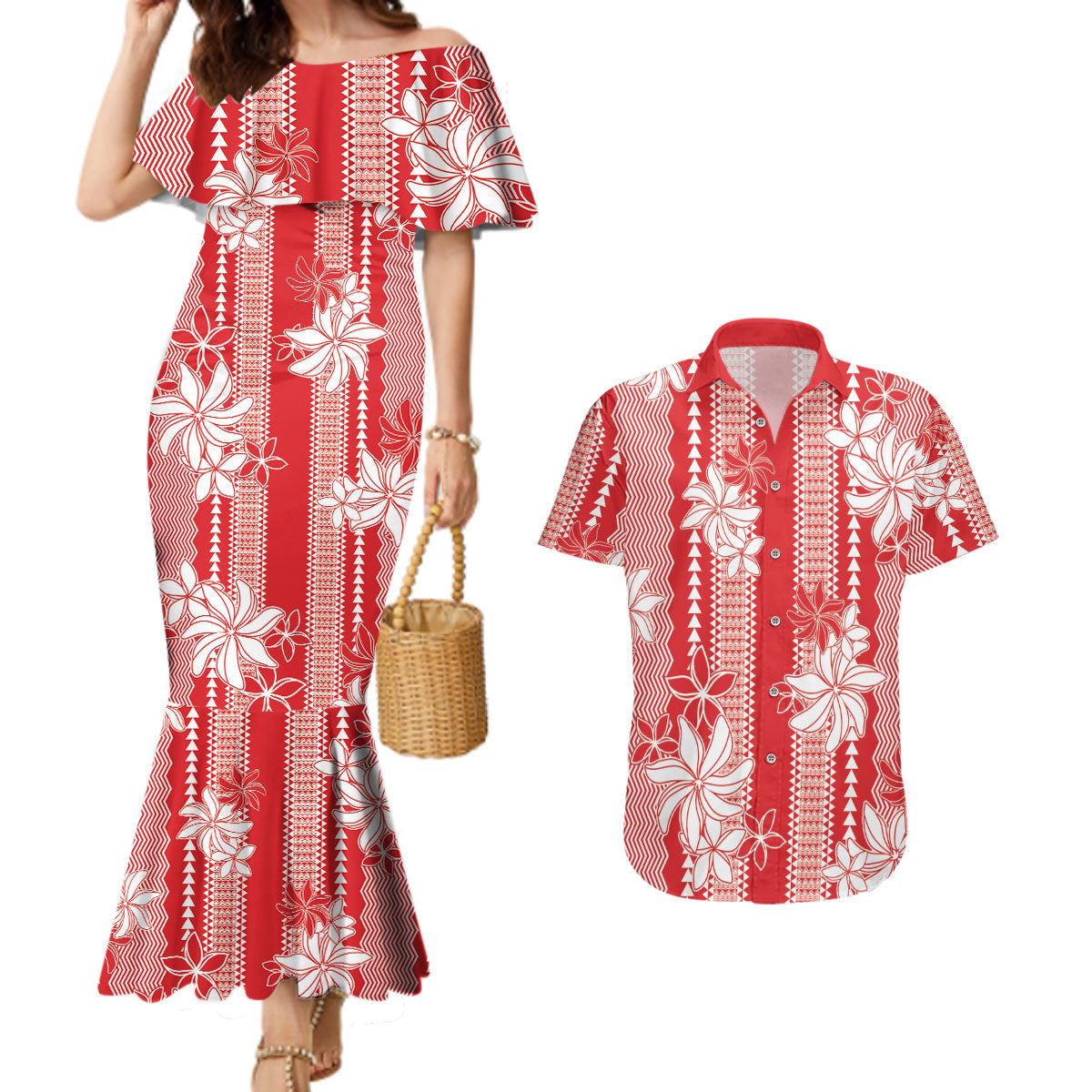 Hawaii Kakau Tribal Couples Matching Mermaid Dress and Hawaiian Shirt With Red Tiare LT05 Red - Polynesian Pride