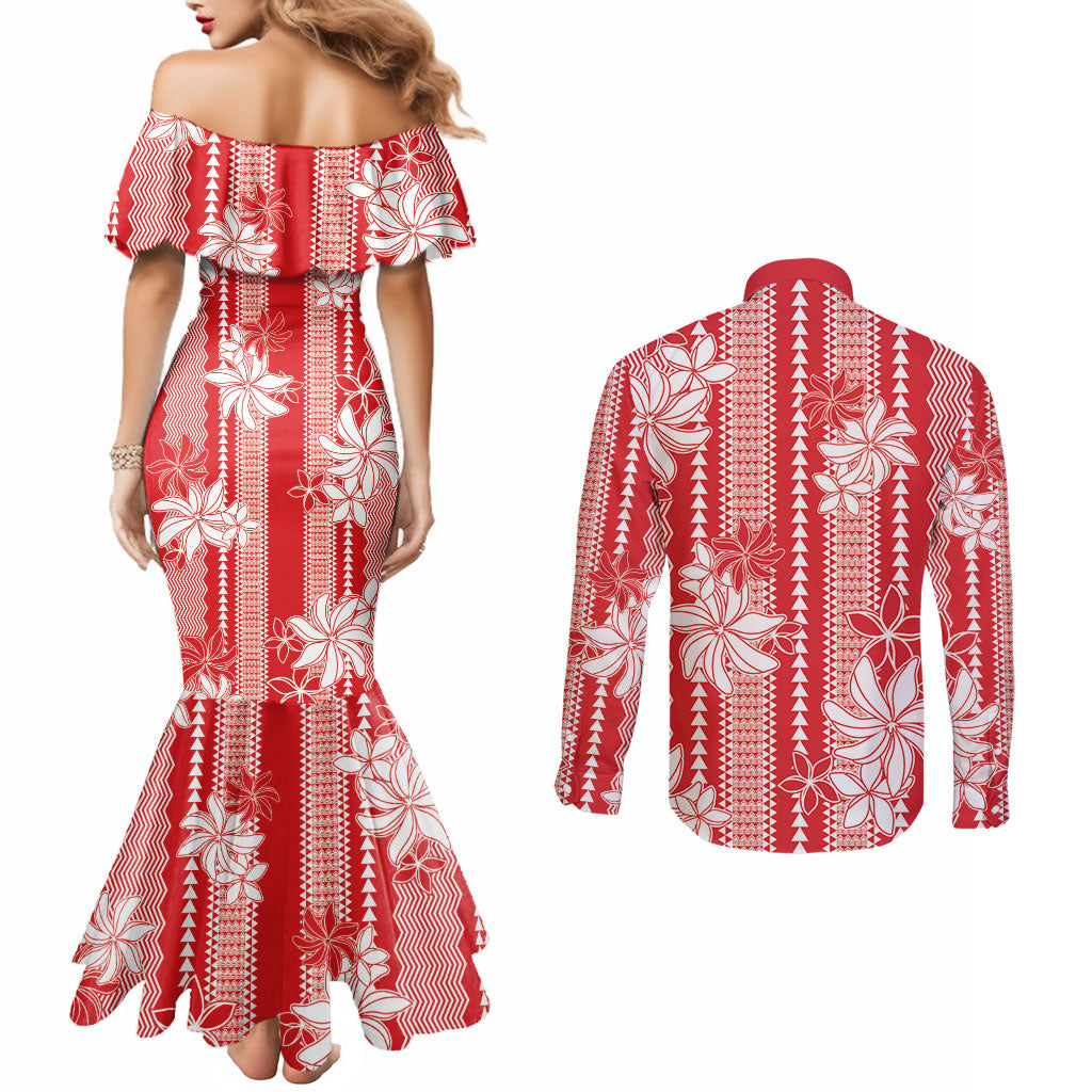 Hawaii Kakau Tribal Couples Matching Mermaid Dress and Long Sleeve Button Shirt With Red Tiare