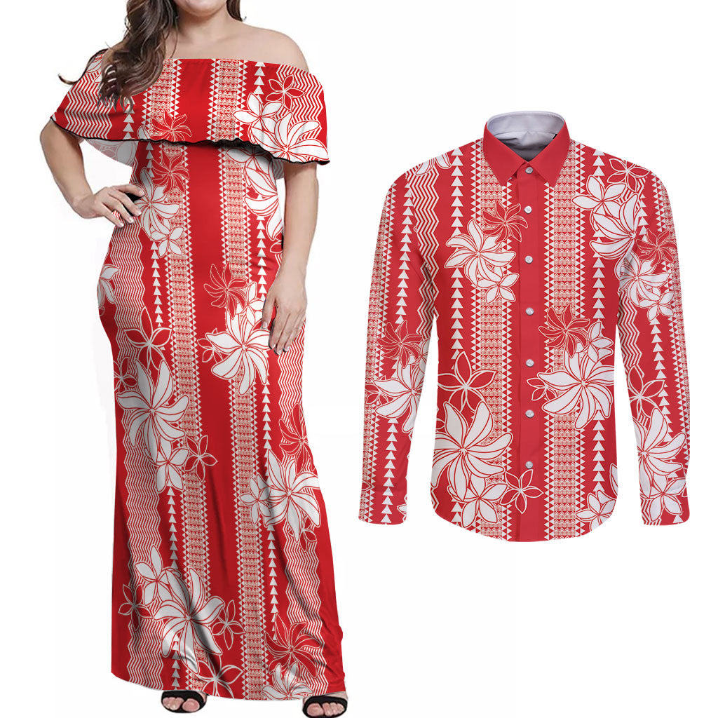 Hawaii Kakau Tribal Couples Matching Off Shoulder Maxi Dress and Long Sleeve Button Shirt With Red Tiare
