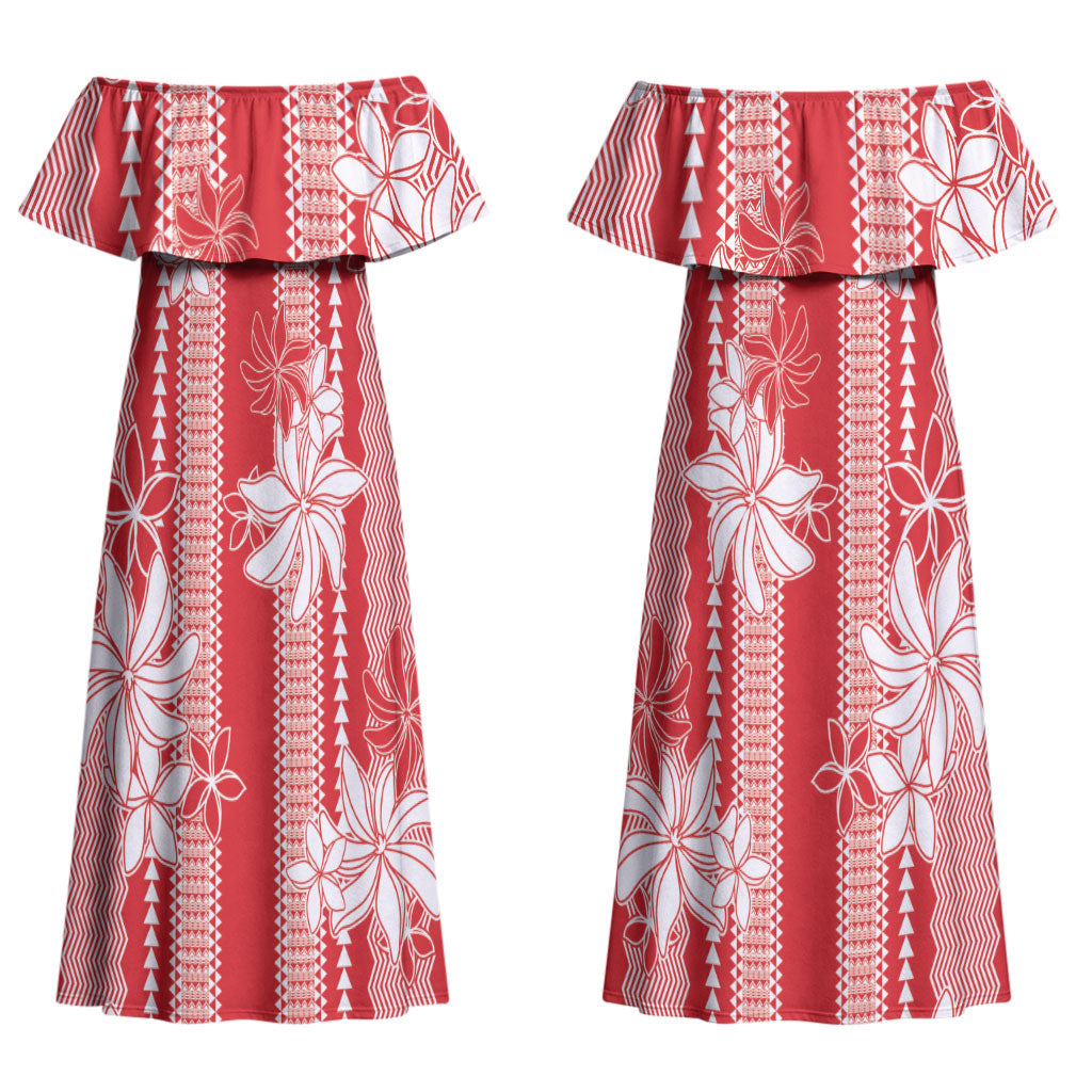 Hawaii Kakau Tribal Couples Matching Off Shoulder Maxi Dress and Long Sleeve Button Shirt With Red Tiare LT05 - Polynesian Pride