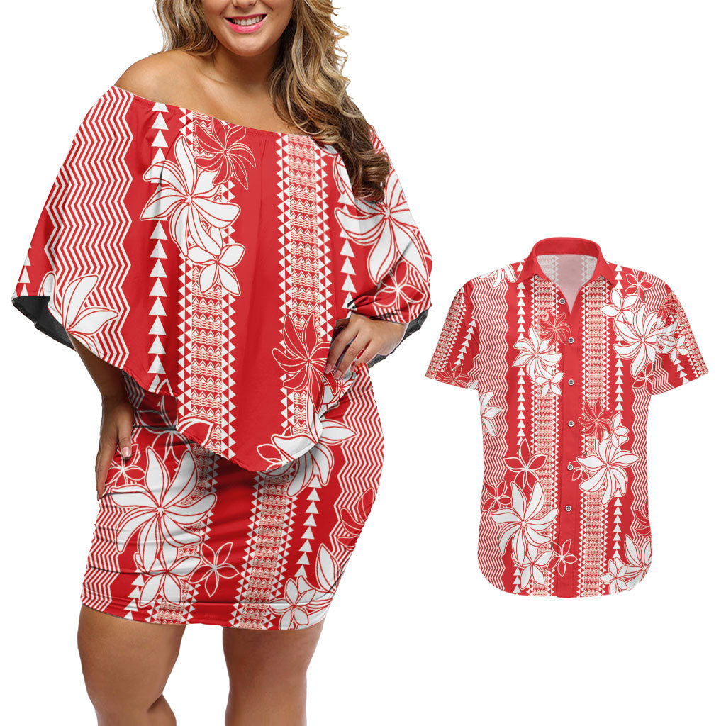 Hawaii Kakau Tribal Couples Matching Off Shoulder Short Dress and Hawaiian Shirt With Red Tiare
