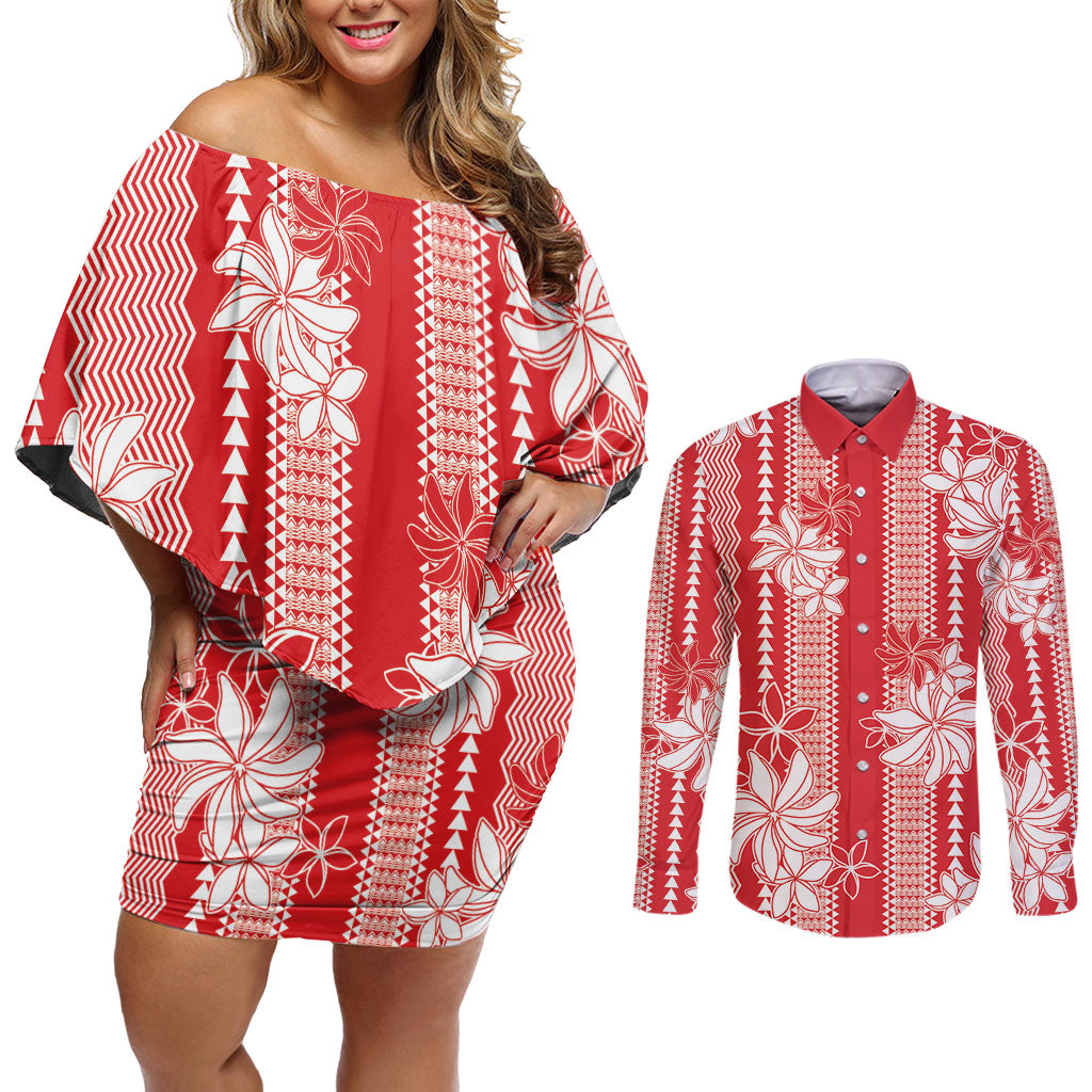 Hawaii Kakau Tribal Couples Matching Off Shoulder Short Dress and Long Sleeve Button Shirt With Red Tiare