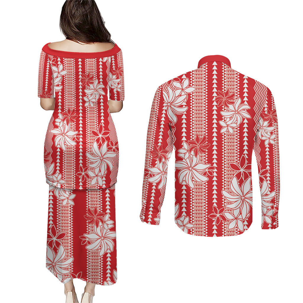 Hawaii Kakau Tribal Couples Matching Puletasi and Long Sleeve Button Shirt With Red Tiare