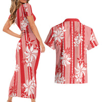 Hawaii Kakau Tribal Couples Matching Short Sleeve Bodycon Dress and Hawaiian Shirt With Red Tiare