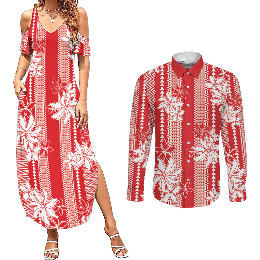 Hawaii Kakau Tribal Couples Matching Summer Maxi Dress and Long Sleeve Button Shirt With Red Tiare