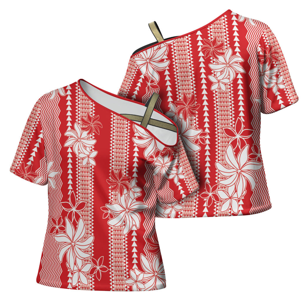 Hawaii Kakau Tribal Cross Shoulder Shirt With Red Tiare