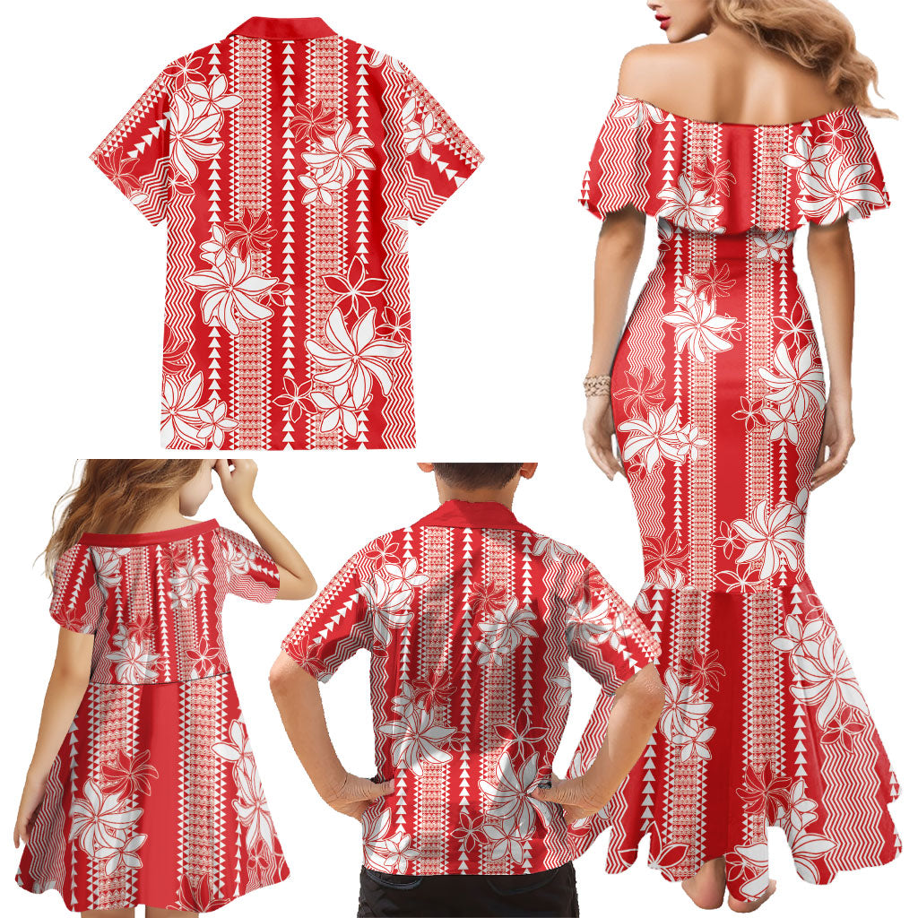 Hawaii Kakau Tribal Family Matching Mermaid Dress and Hawaiian Shirt With Red Tiare LT05 - Polynesian Pride