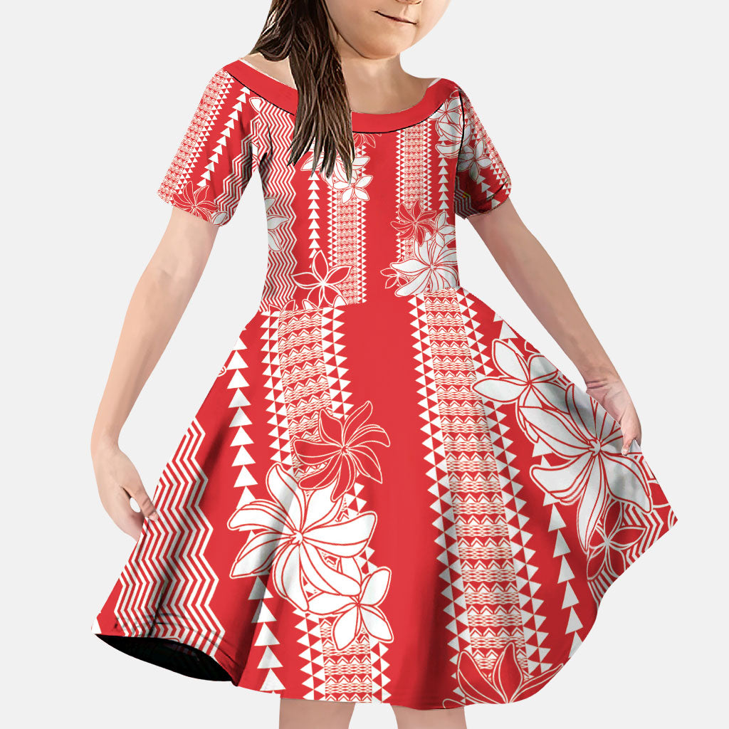 Hawaii Kakau Tribal Family Matching Off The Shoulder Long Sleeve Dress and Hawaiian Shirt With Red Tiare LT05 Daughter's Dress Red - Polynesian Pride