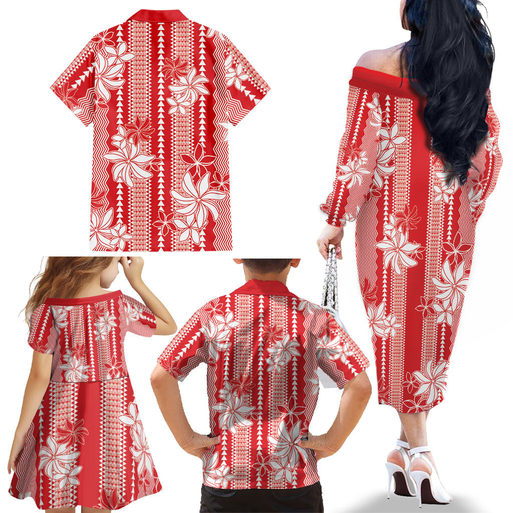 Hawaii Kakau Tribal Family Matching Off The Shoulder Long Sleeve Dress and Hawaiian Shirt With Red Tiare LT05 - Polynesian Pride