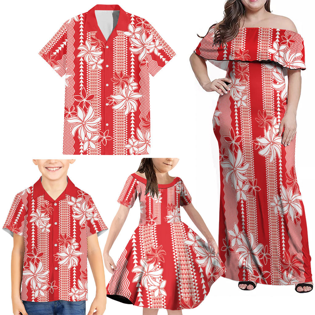 Hawaii Kakau Tribal Family Matching Off Shoulder Maxi Dress and Hawaiian Shirt With Red Tiare LT05 - Polynesian Pride