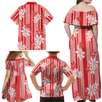 Hawaii Kakau Tribal Family Matching Off Shoulder Maxi Dress and Hawaiian Shirt With Red Tiare LT05 - Polynesian Pride