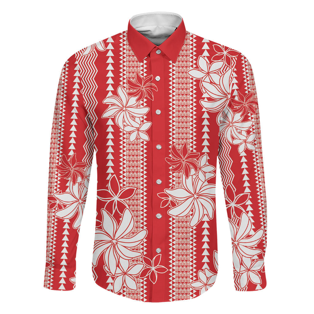 Hawaii Kakau Tribal Family Matching Off Shoulder Maxi Dress and Hawaiian Shirt With Red Tiare LT05 Dad's Shirt - Long Sleeve Red - Polynesian Pride