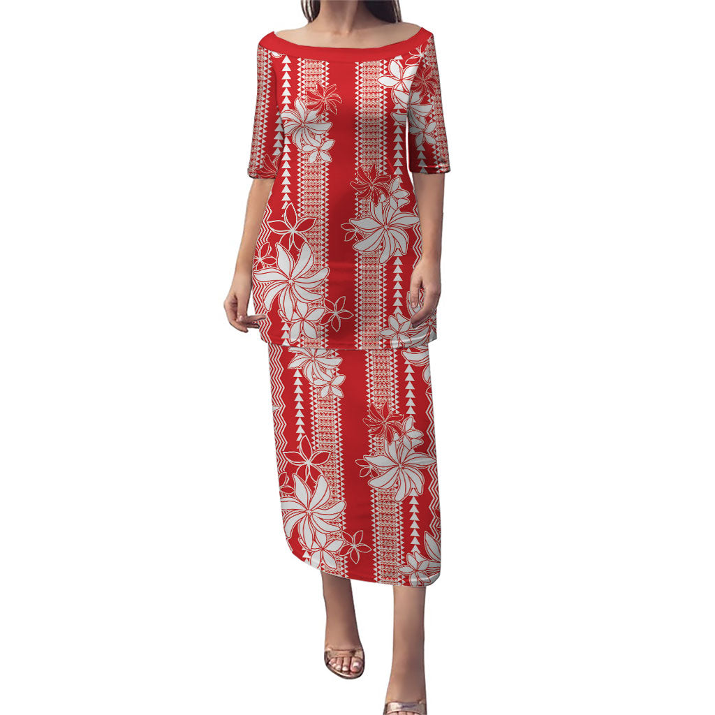 Hawaii Kakau Tribal Family Matching Puletasi and Hawaiian Shirt With Red Tiare