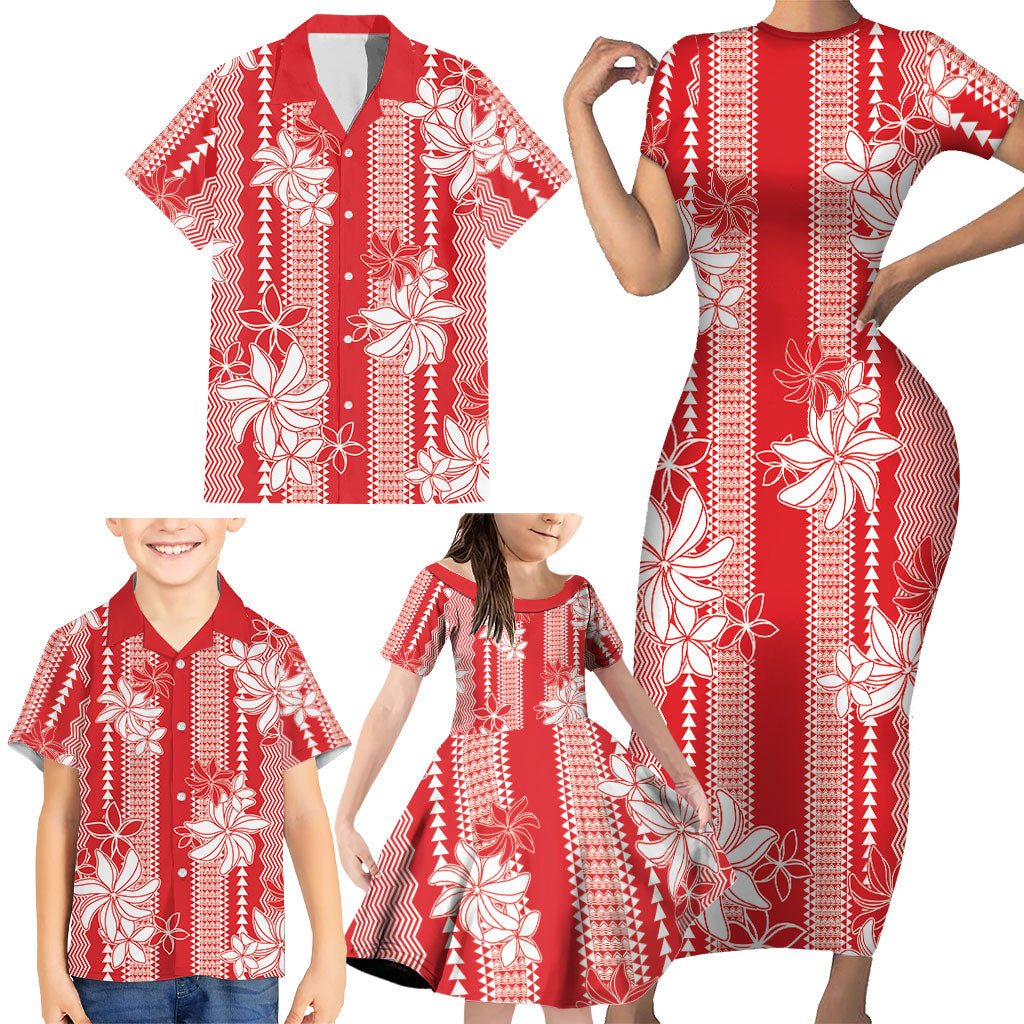 Hawaii Kakau Tribal Family Matching Short Sleeve Bodycon Dress and Hawaiian Shirt With Red Tiare LT05 - Polynesian Pride