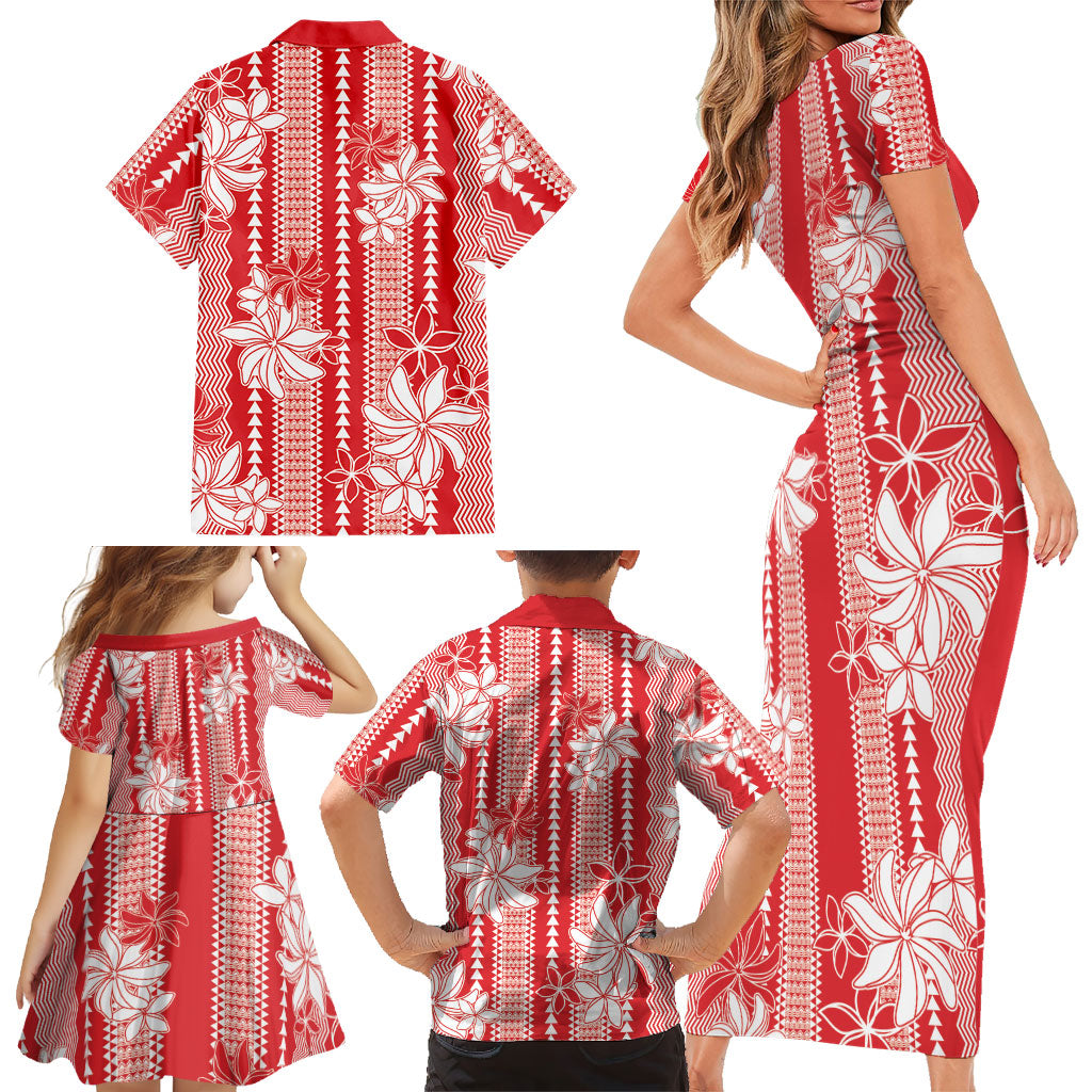Hawaii Kakau Tribal Family Matching Short Sleeve Bodycon Dress and Hawaiian Shirt With Red Tiare LT05 - Polynesian Pride