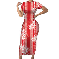Hawaii Kakau Tribal Family Matching Short Sleeve Bodycon Dress and Hawaiian Shirt With Red Tiare LT05 Mom's Dress Red - Polynesian Pride