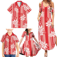 Hawaii Kakau Tribal Family Matching Summer Maxi Dress and Hawaiian Shirt With Red Tiare