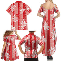 Hawaii Kakau Tribal Family Matching Summer Maxi Dress and Hawaiian Shirt With Red Tiare