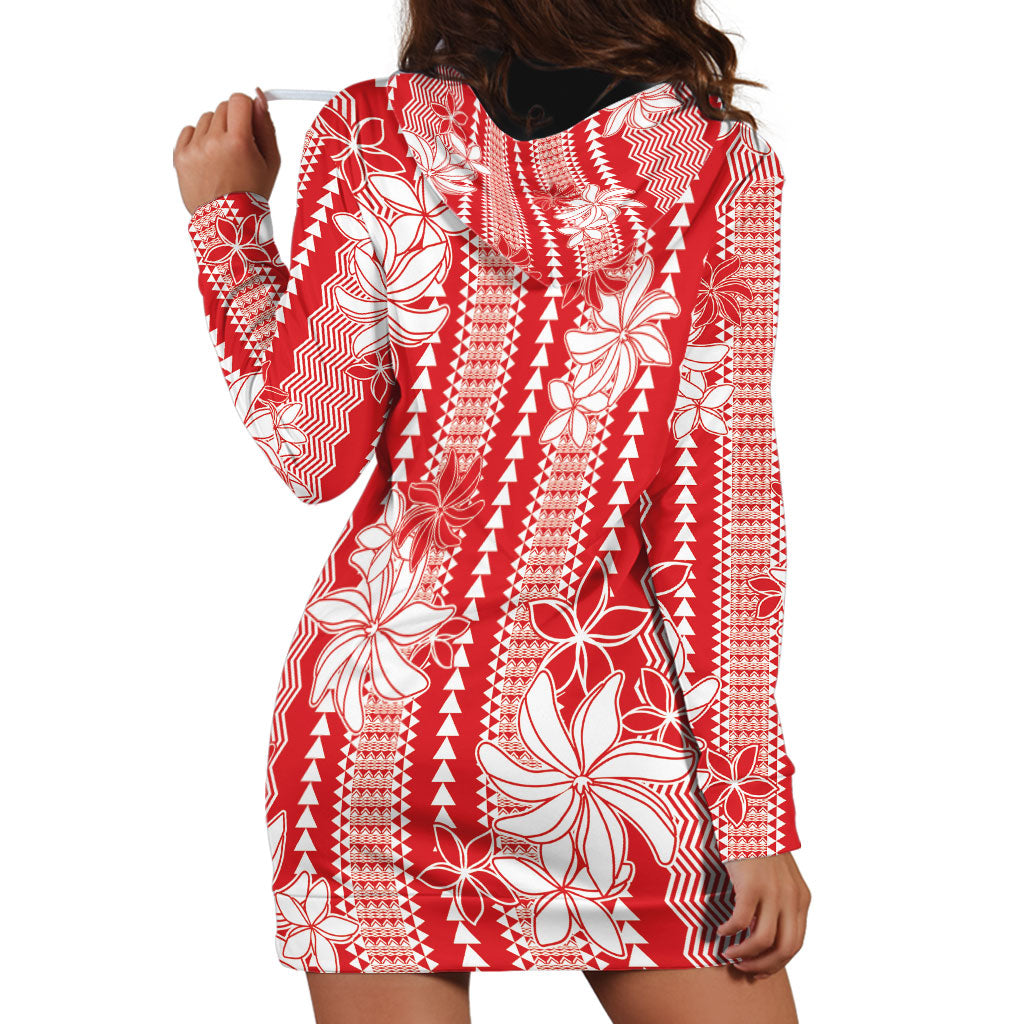 Hawaii Kakau Tribal Hoodie Dress With Red Tiare