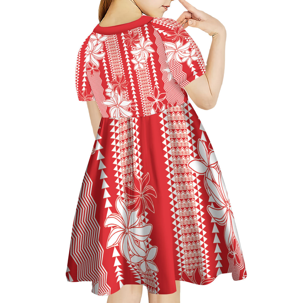 Hawaii Kakau Tribal Kid Short Sleeve Dress With Red Tiare