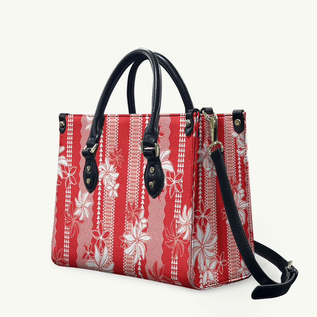 Hawaii Kakau Tribal Leather Bag With Red Tiare LT05 Red - Polynesian Pride