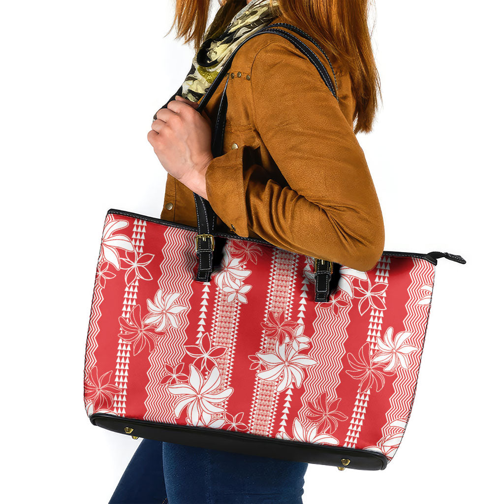 Hawaii Kakau Tribal Leather Tote Bag With Red Tiare LT05 Red - Polynesian Pride