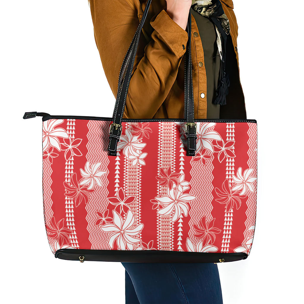 Hawaii Kakau Tribal Leather Tote Bag With Red Tiare