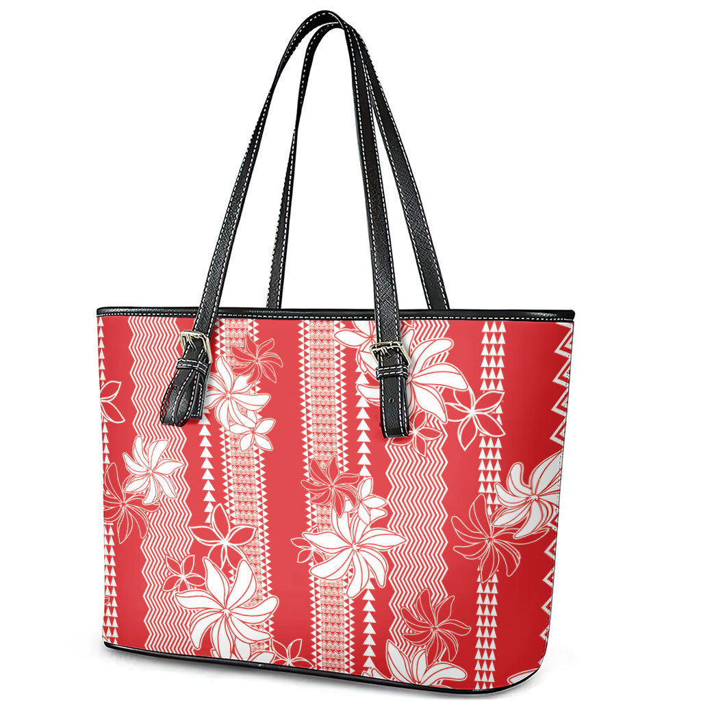 Hawaii Kakau Tribal Leather Tote Bag With Red Tiare