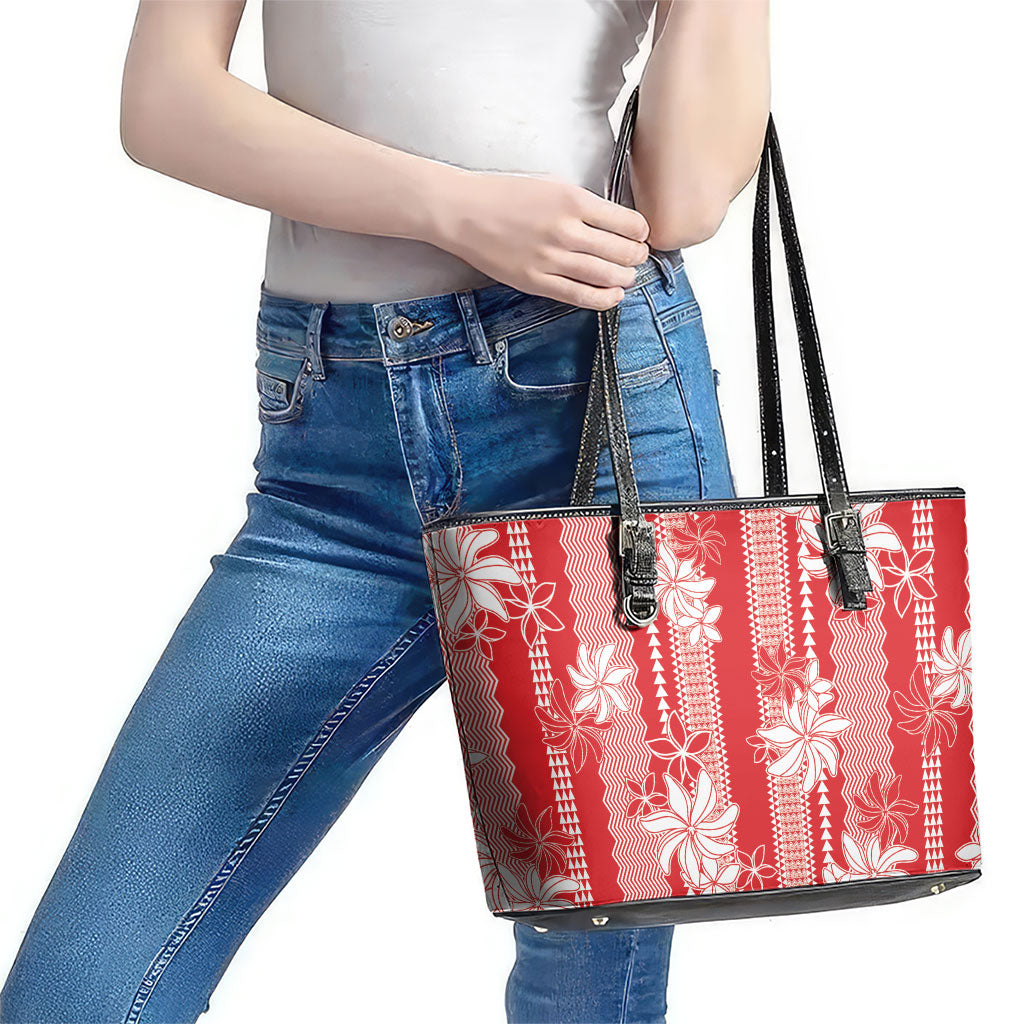 Hawaii Kakau Tribal Leather Tote Bag With Red Tiare