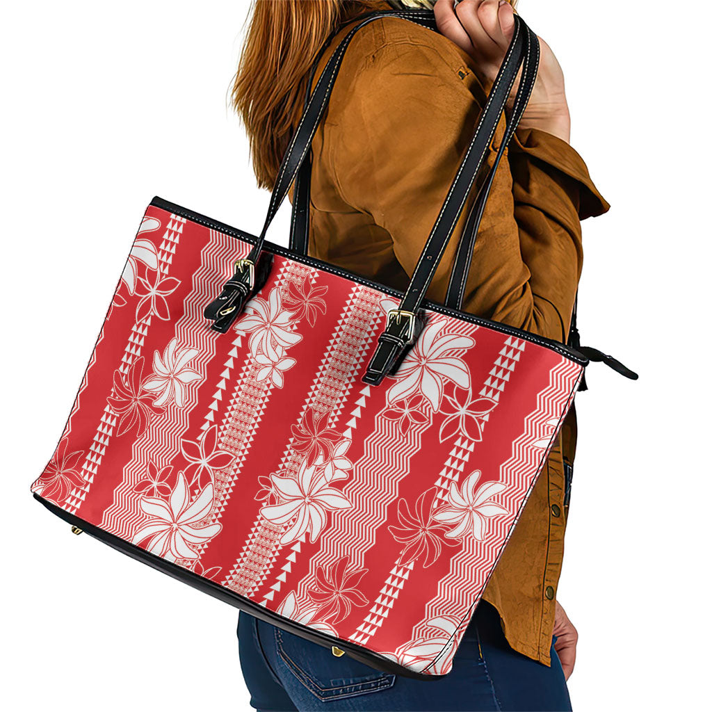 Hawaii Kakau Tribal Leather Tote Bag With Red Tiare