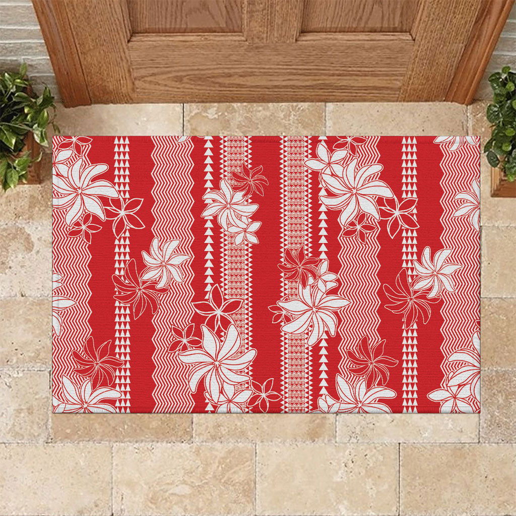 Hawaii Kakau Tribal Rubber Doormat With Red Tiare LT05 Red - Polynesian Pride