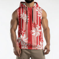 Hawaii Kakau Tribal Sleeveless Hoodie With Red Tiare