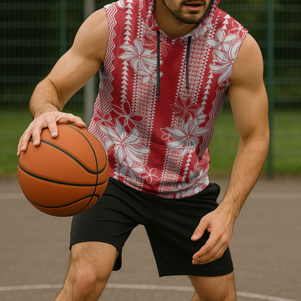 Hawaii Kakau Tribal Sleeveless Hoodie With Red Tiare