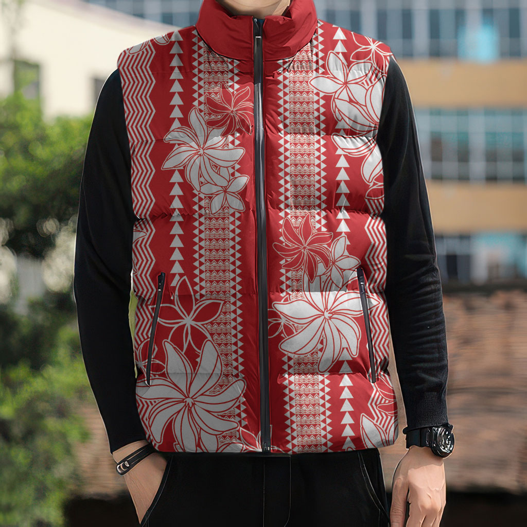 Hawaii Kakau Tribal Sleeveless Puffer Jacket With Red Tiare