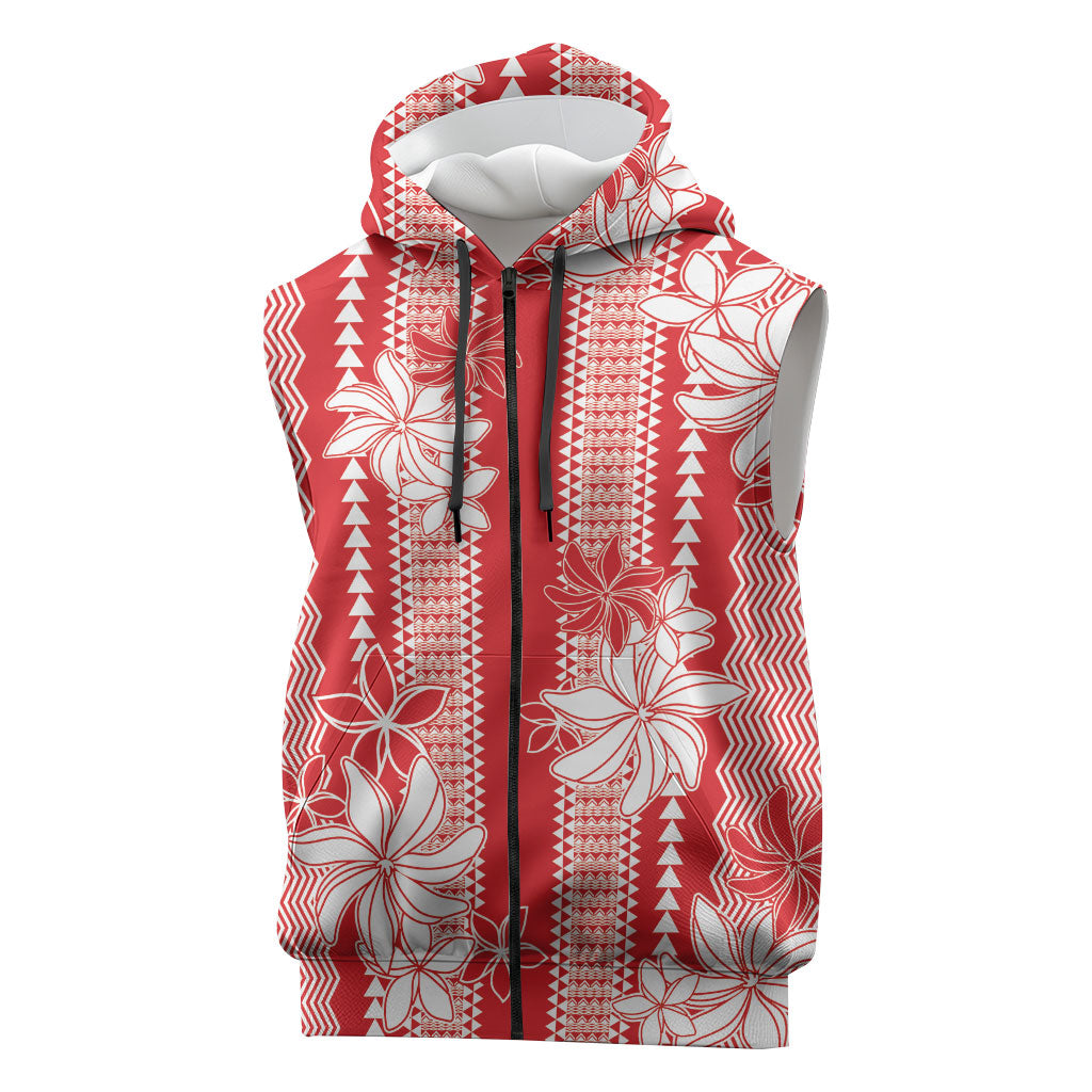 Hawaii Kakau Tribal Sleeveless Zip Hoodie With Red Tiare LT05 Red - Polynesian Pride