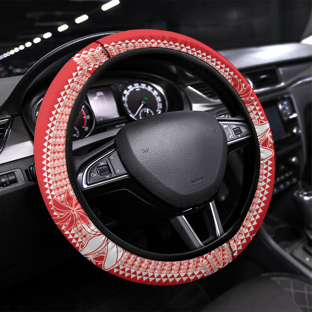 Hawaii Kakau Tribal Steering Wheel Cover With Red Tiare