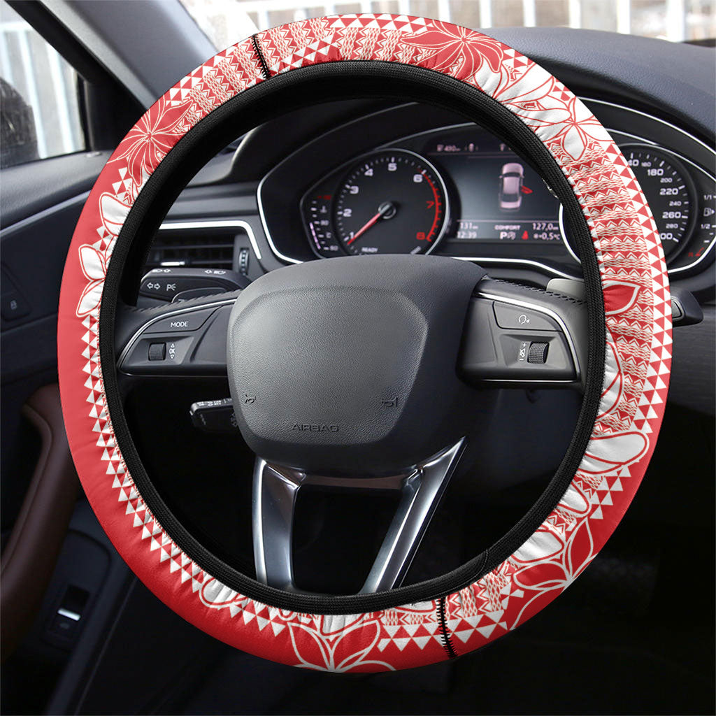 Hawaii Kakau Tribal Steering Wheel Cover With Red Tiare