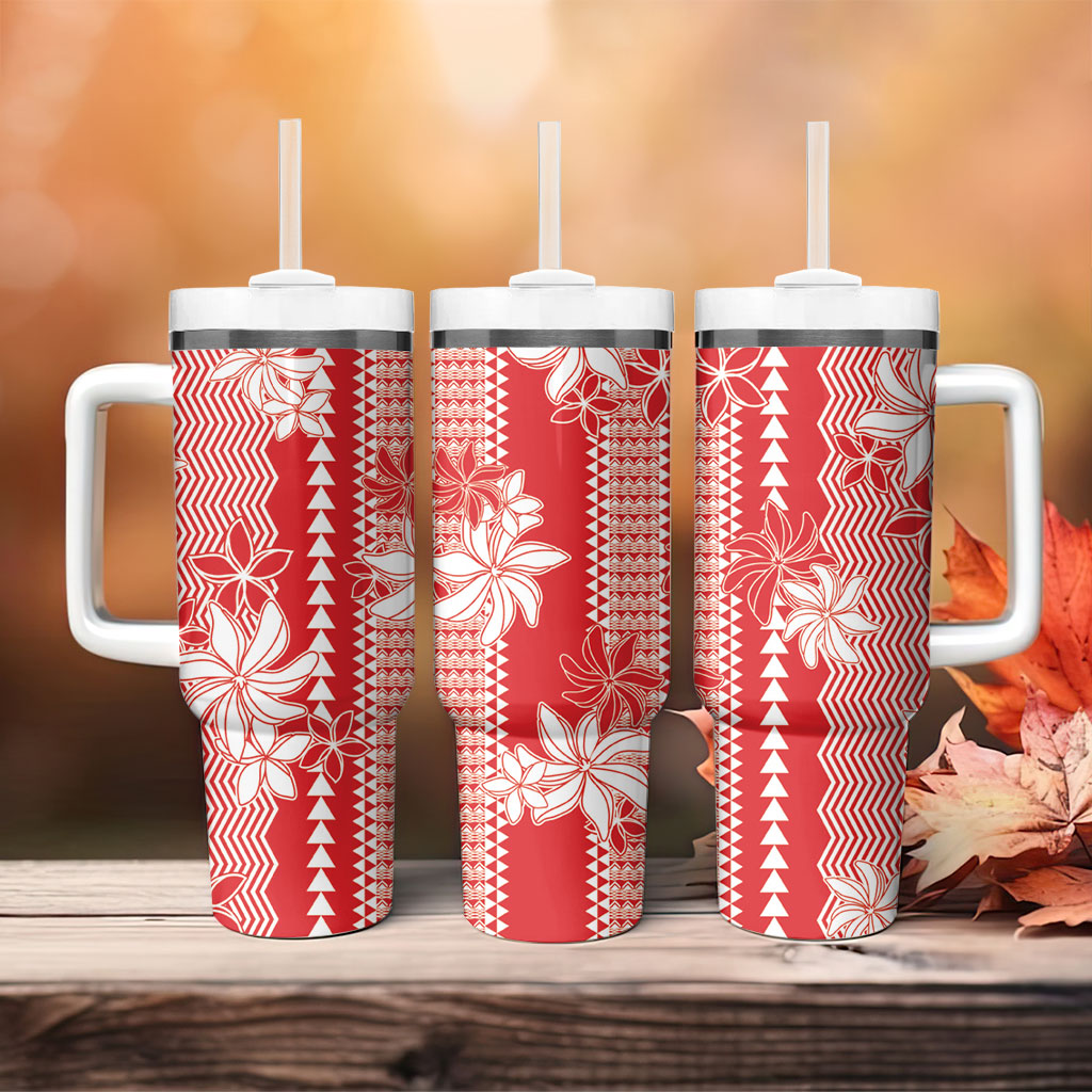Hawaii Kakau Tribal Tumbler With Handle With Red Tiare