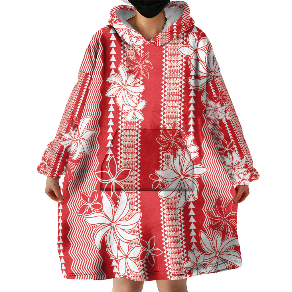 Hawaii Kakau Tribal Wearable Blanket Hoodie With Red Tiare